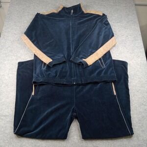 Adolfo Sport Track Suit Mens XL Blue Tan Velour 2 Piece Zip Jacket Pants Set